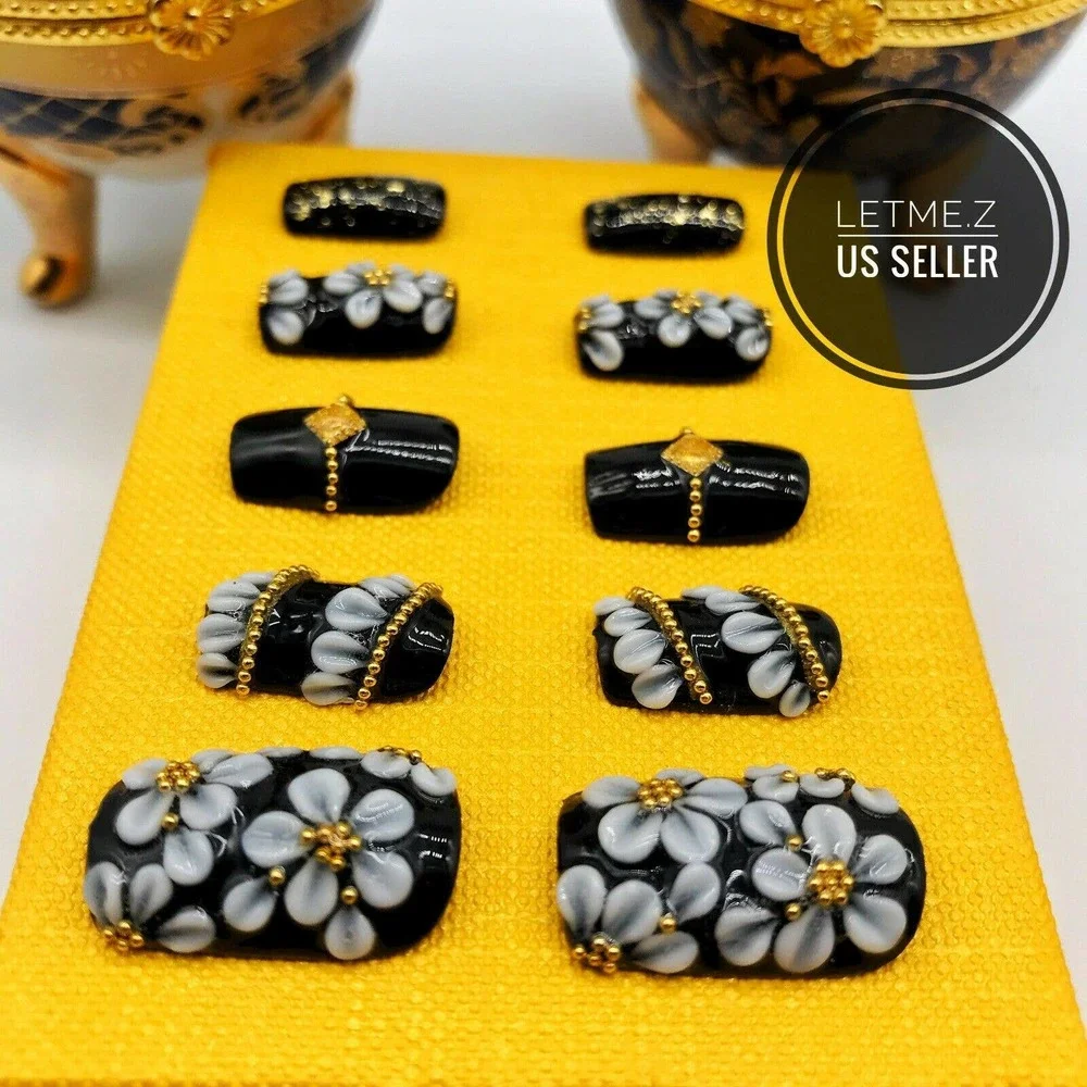 Press on Nails‎ Glue On Acrylic 3D Flower Black Gold